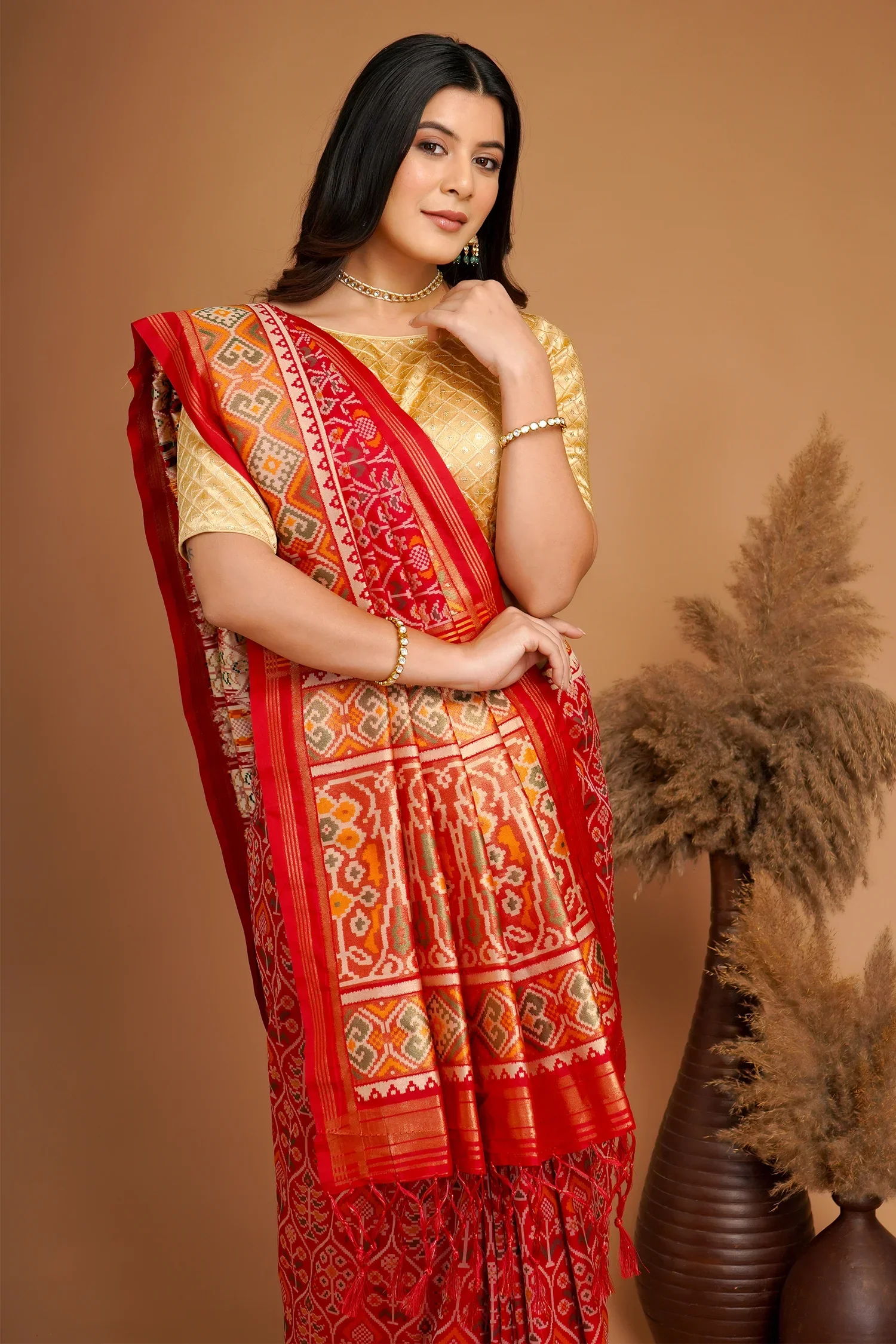 Red Traditional Patola Woven Saree in Silk - Image 3
