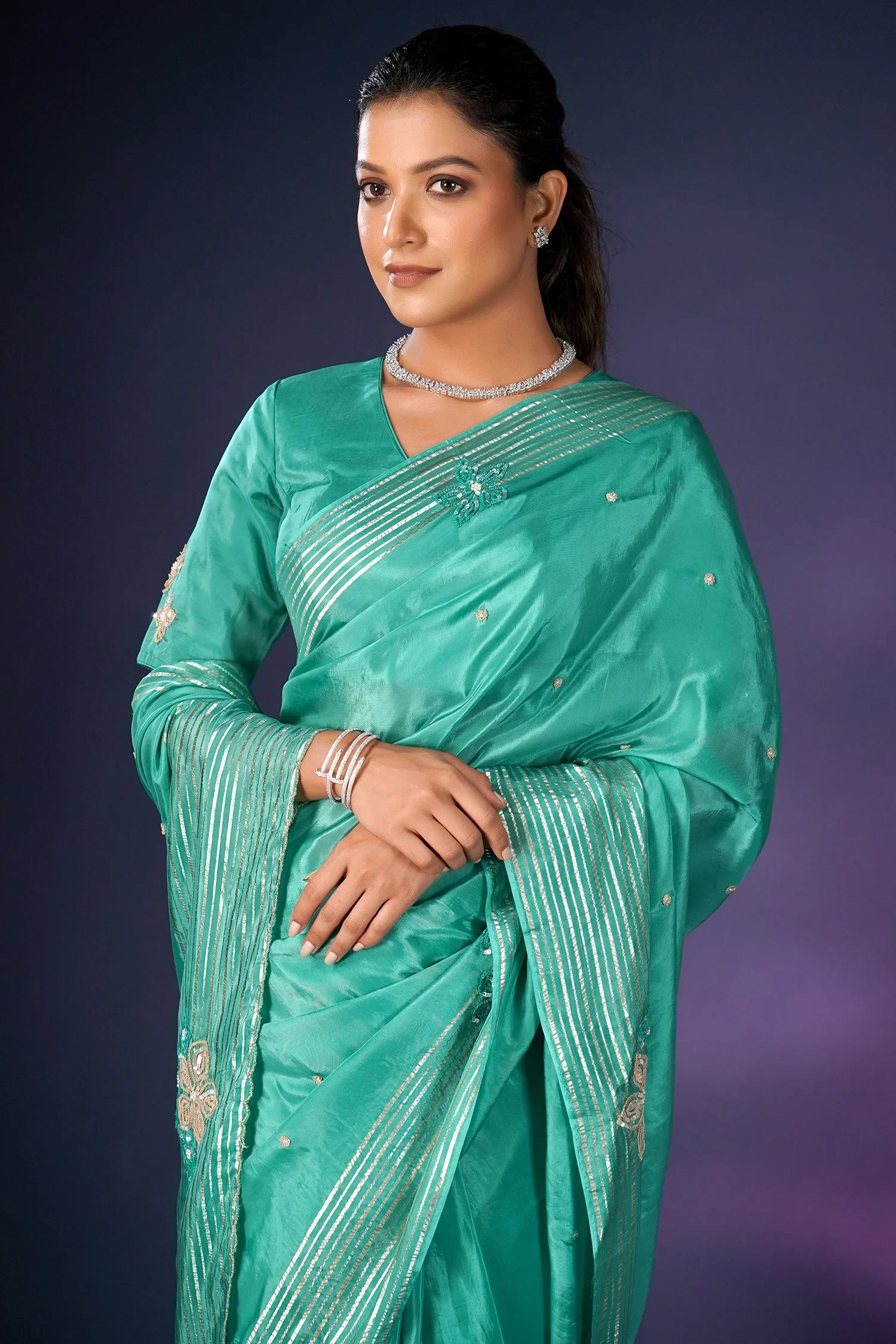 Sea Green Tissue Silk Saree with Sequin Border - Image 3