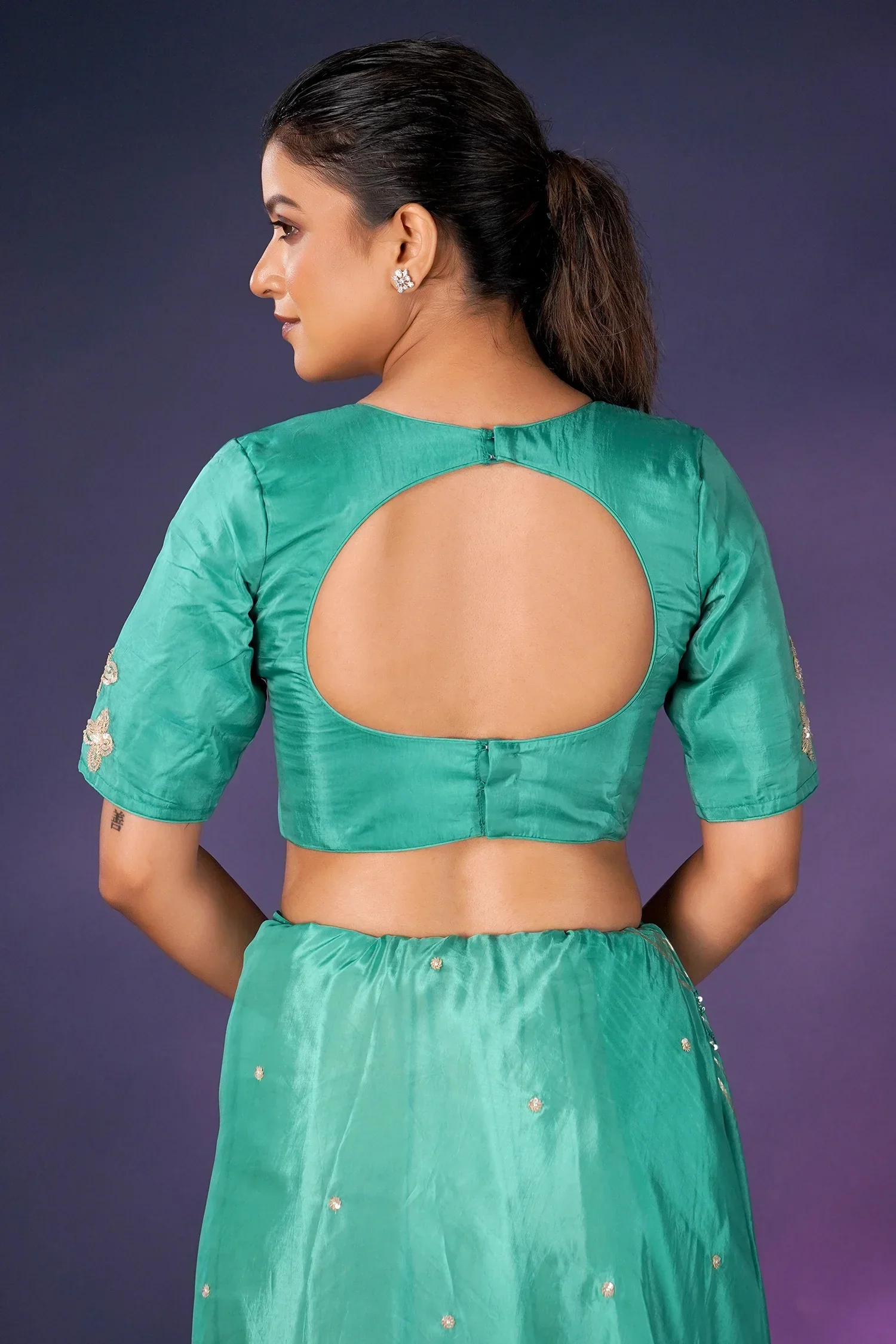 Sea Green Tissue Silk Saree with Sequin Border - Image 5