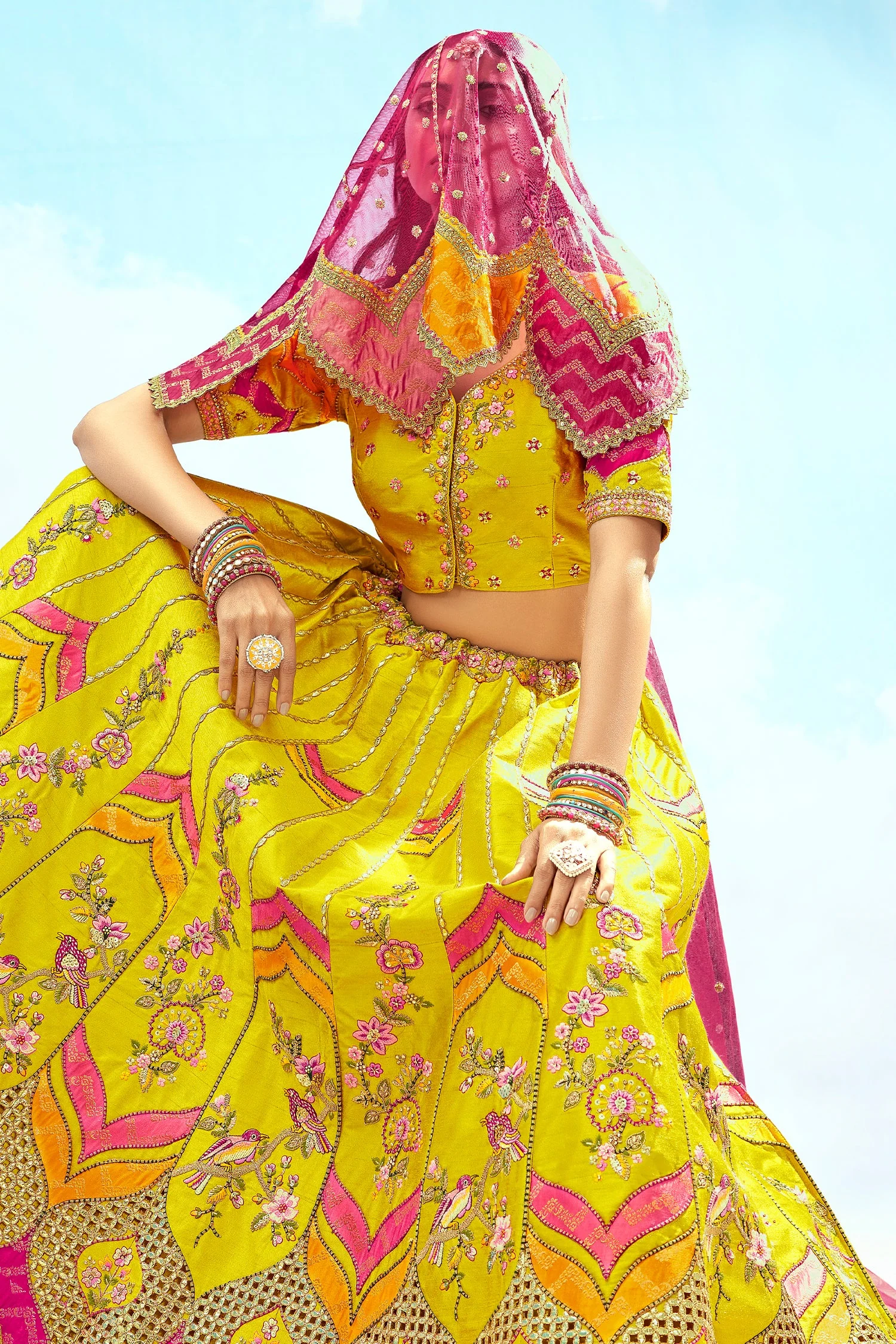 Silk Bird and Floral Motif Lehenga with Cutwork - Image 3