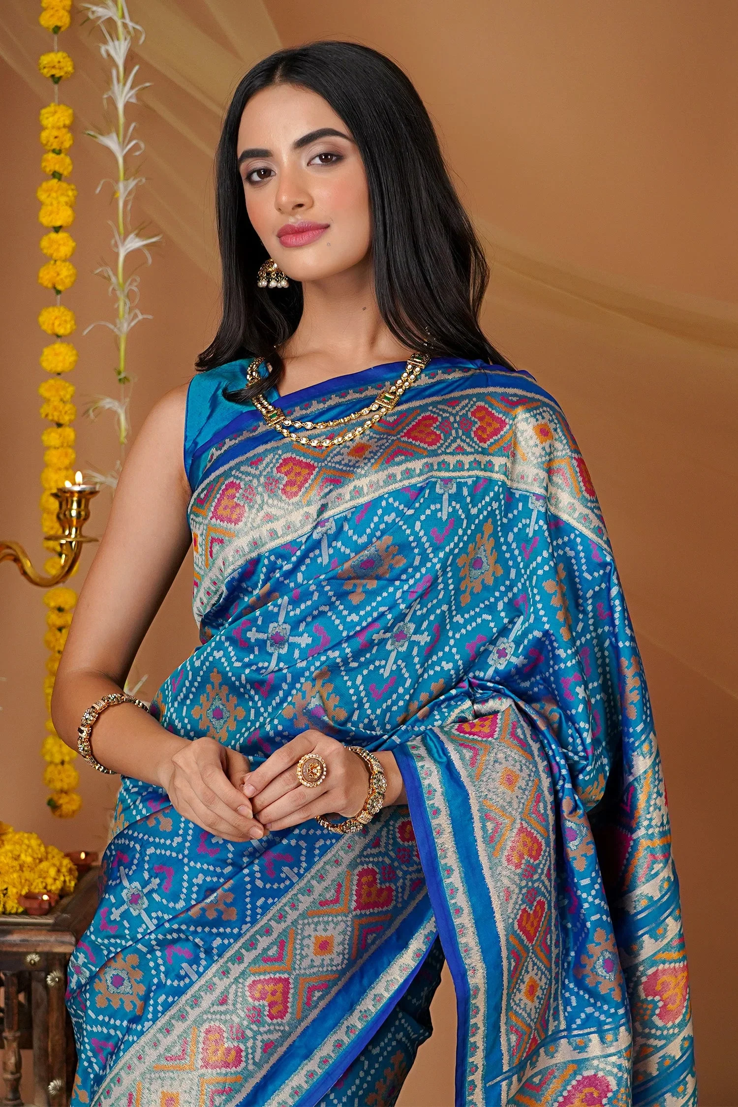 Sky Blue Traditional Patola Woven Saree in Silk - Image 4