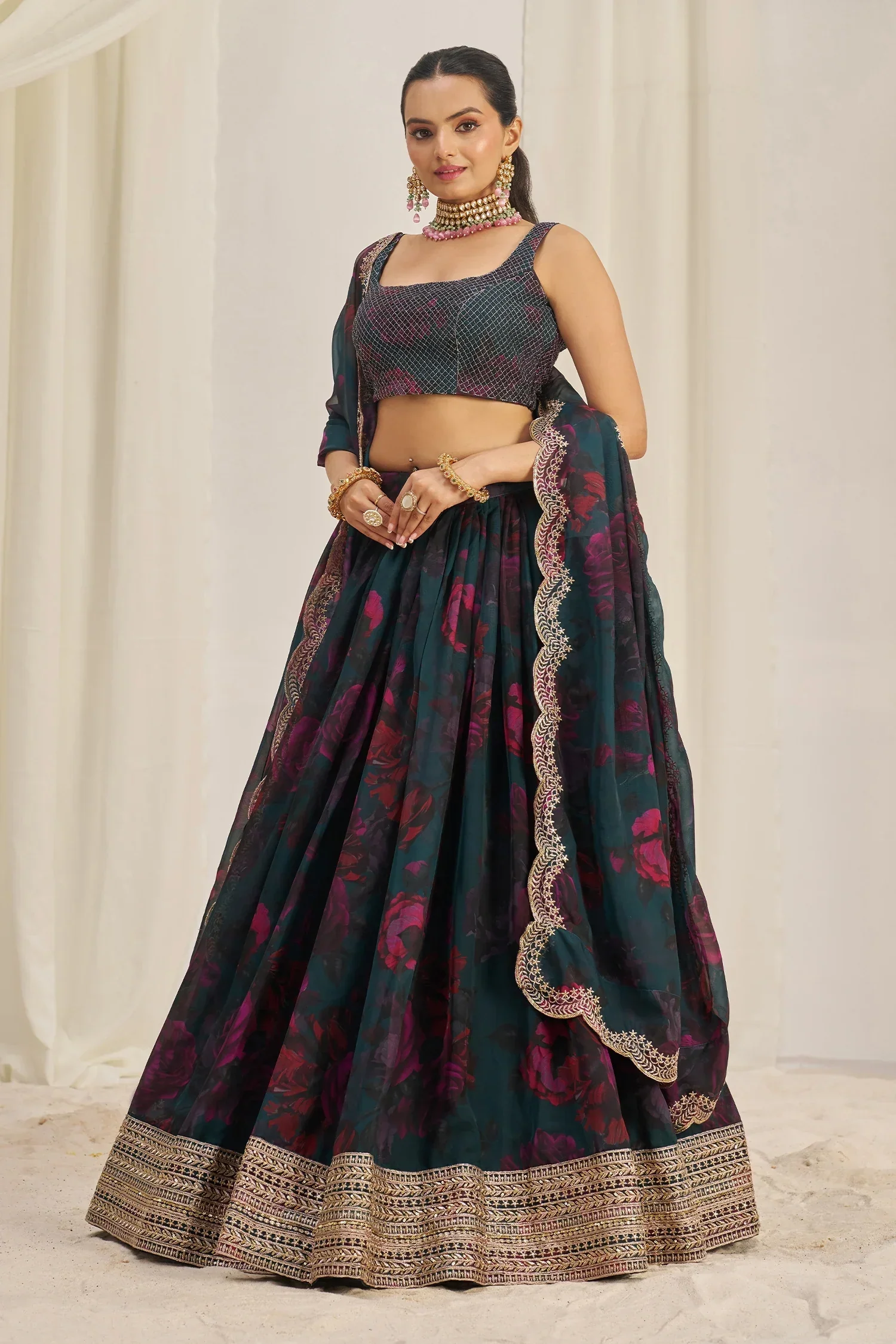 Teal Green Organza Floral Printed Lehenga with Sequins Border - Image 3