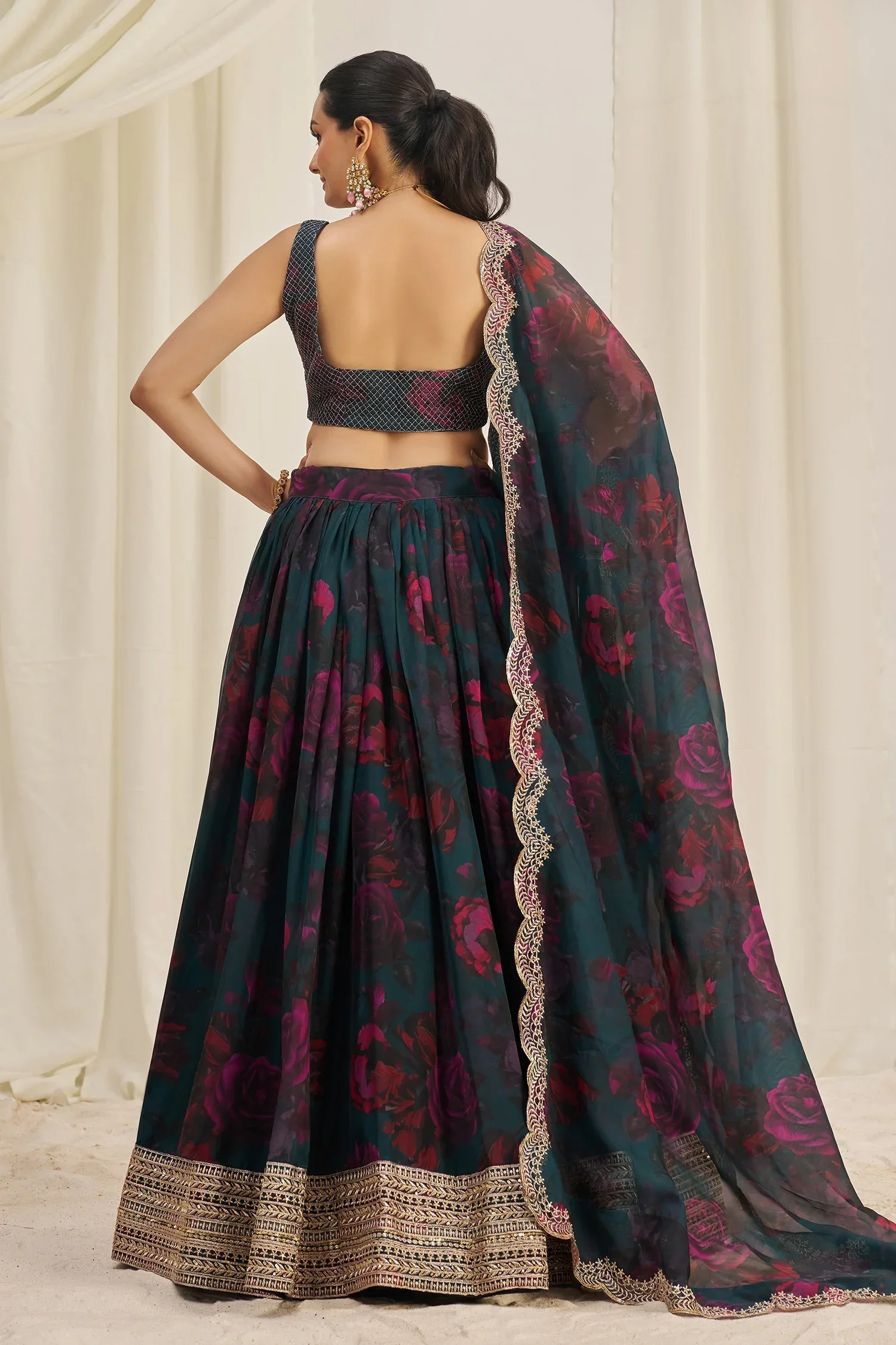 Teal Green Organza Floral Printed Lehenga with Sequins Border - Image 4