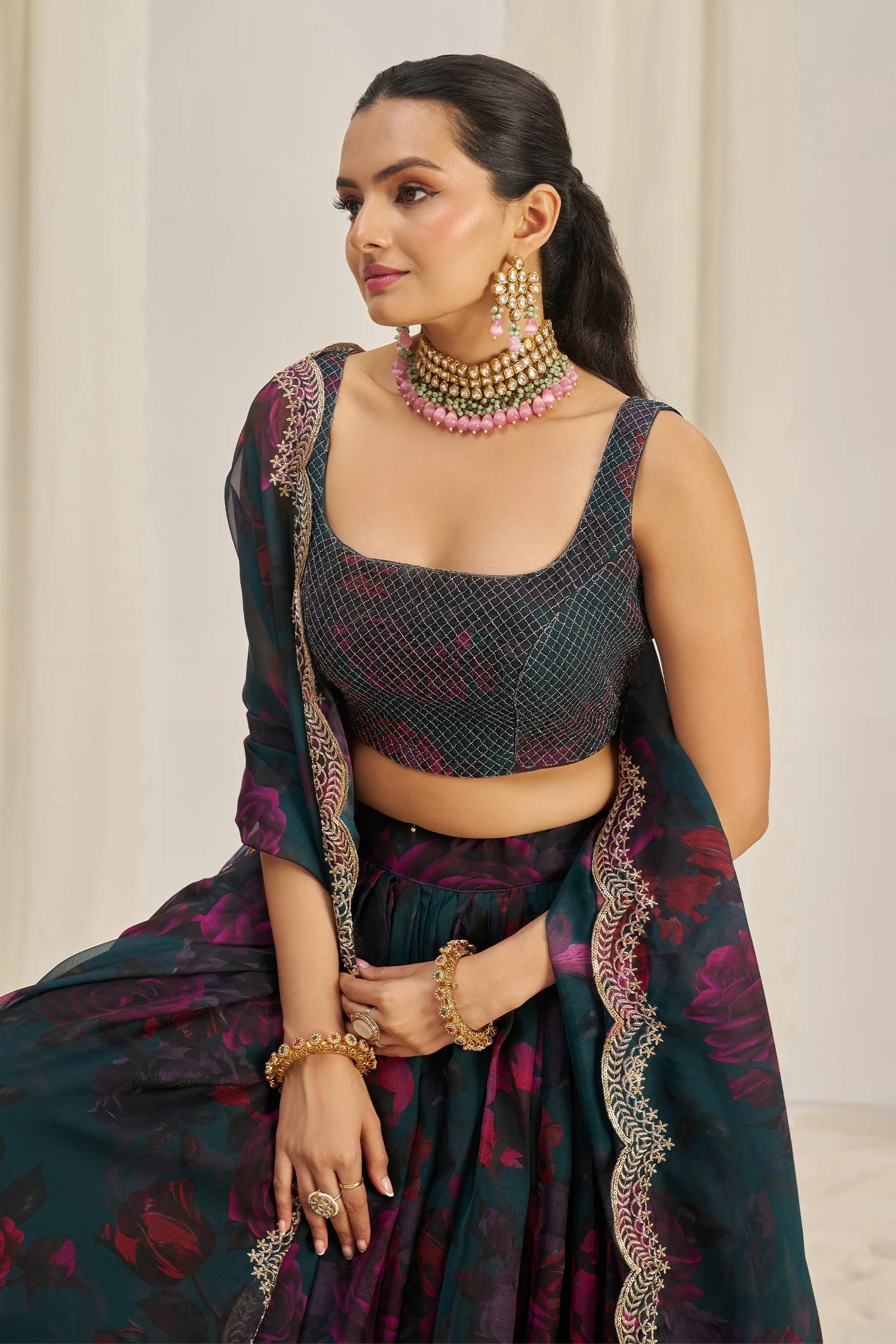 Teal Green Organza Floral Printed Lehenga with Sequins Border - Image 5