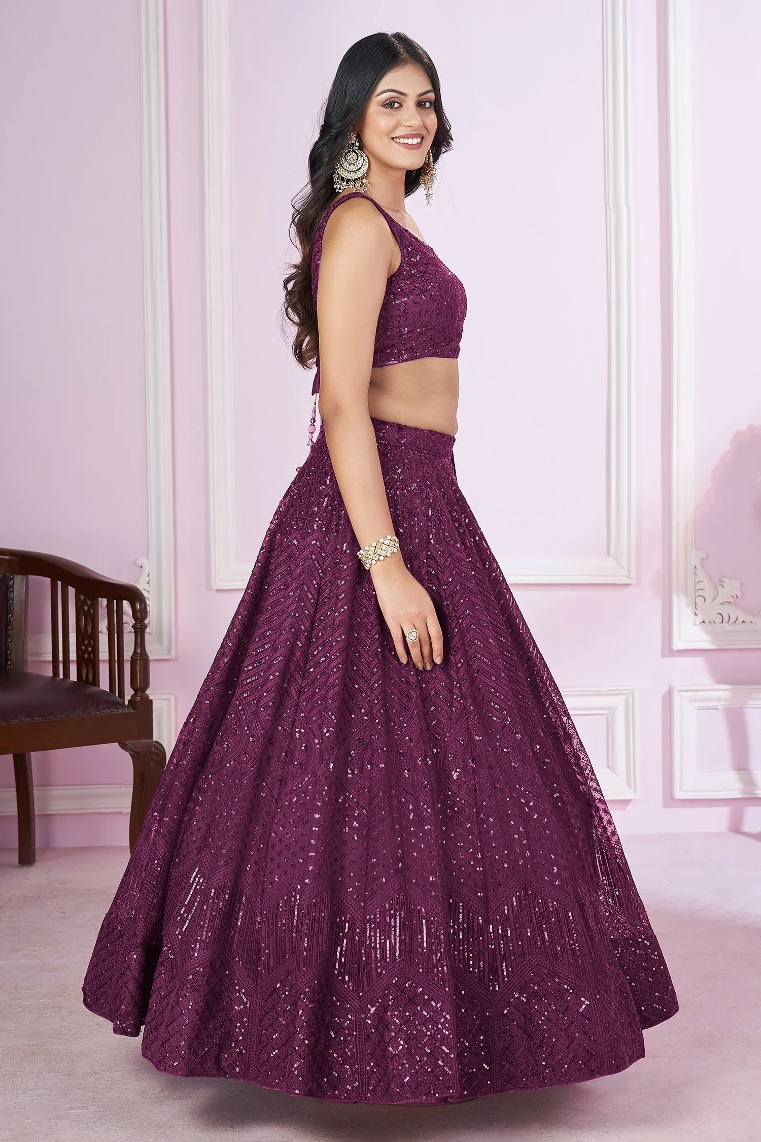Wine Net Sequinned Lehenga - Image 3
