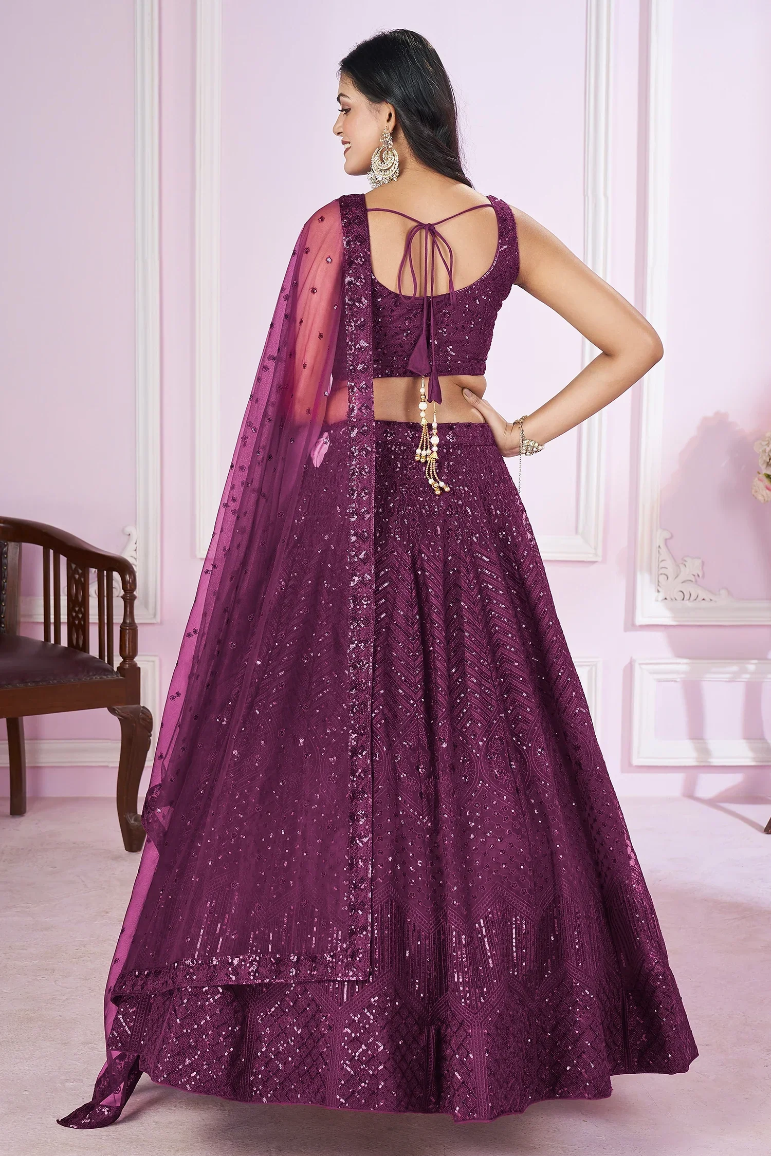 Wine Net Sequinned Lehenga - Image 4