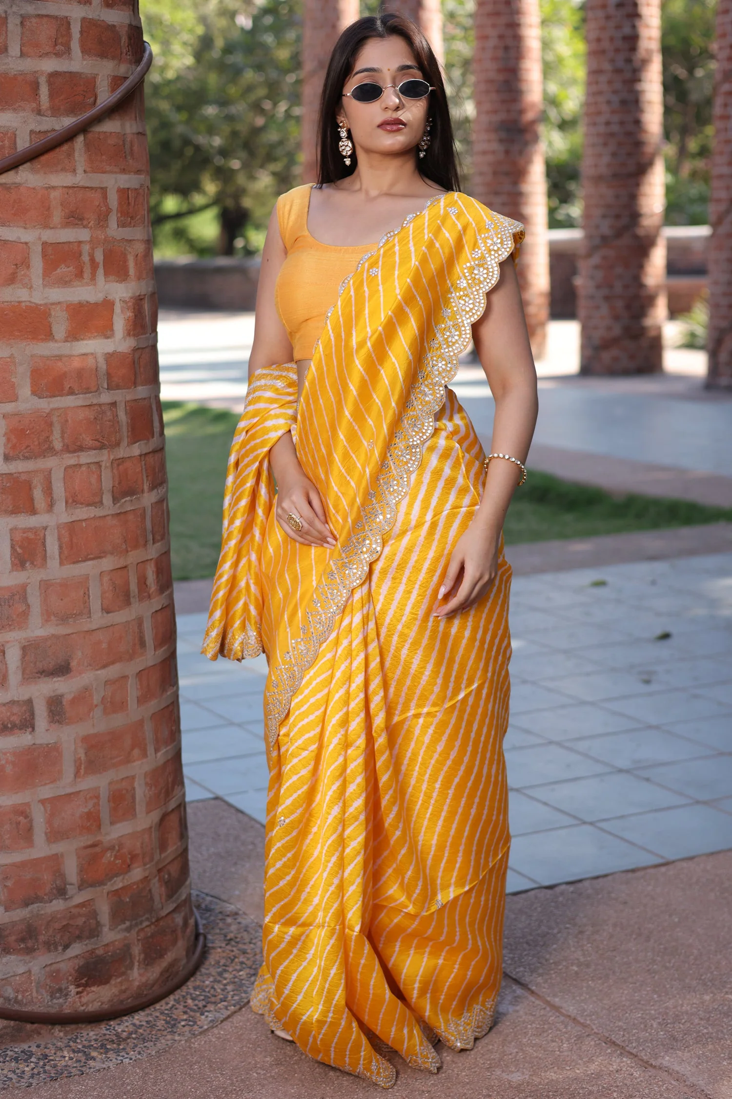 Yellow Silk Leheriya Printed Saree with Applique Scallop Border - Image 3