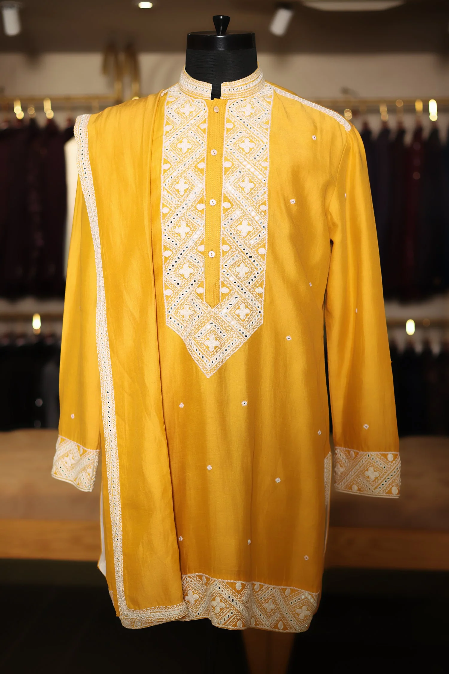 Yellow Silk Mirror Embroidered Kurta Pajama - Image 3
